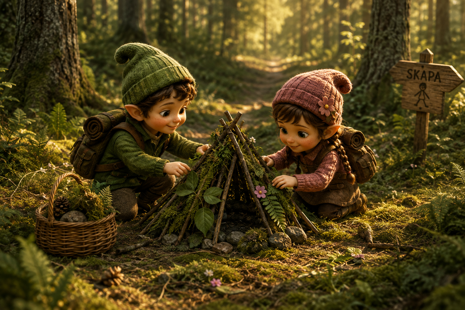 Stig och Tova bygger en koja av grenar och mossa i skogen